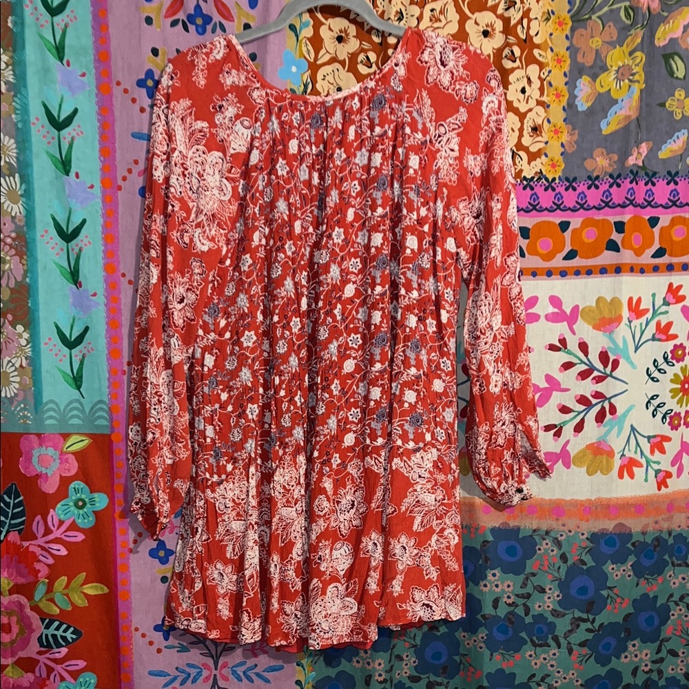 FREE PEOPLE Rayon Red and White Floral Mini Dress Size Small - Picture 4 of 10